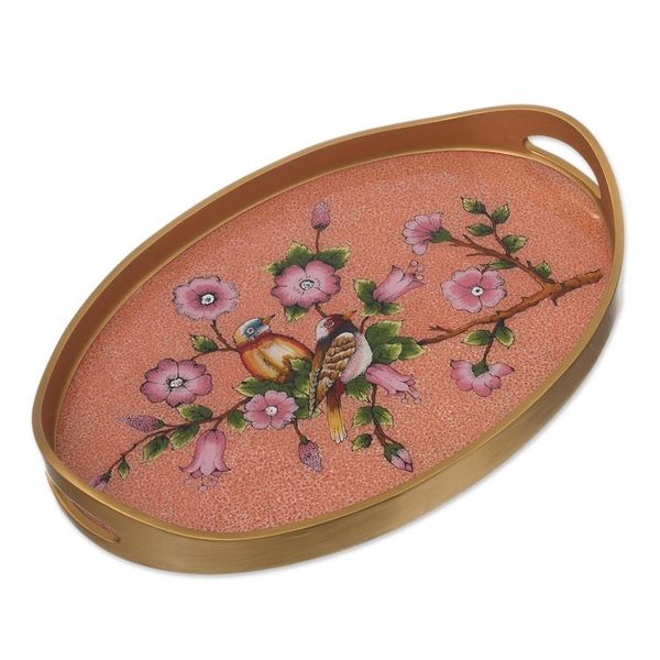 Alternate image for Reverse Painted Glass and Wood Tray from Peru Birds of a Feather in Rose
