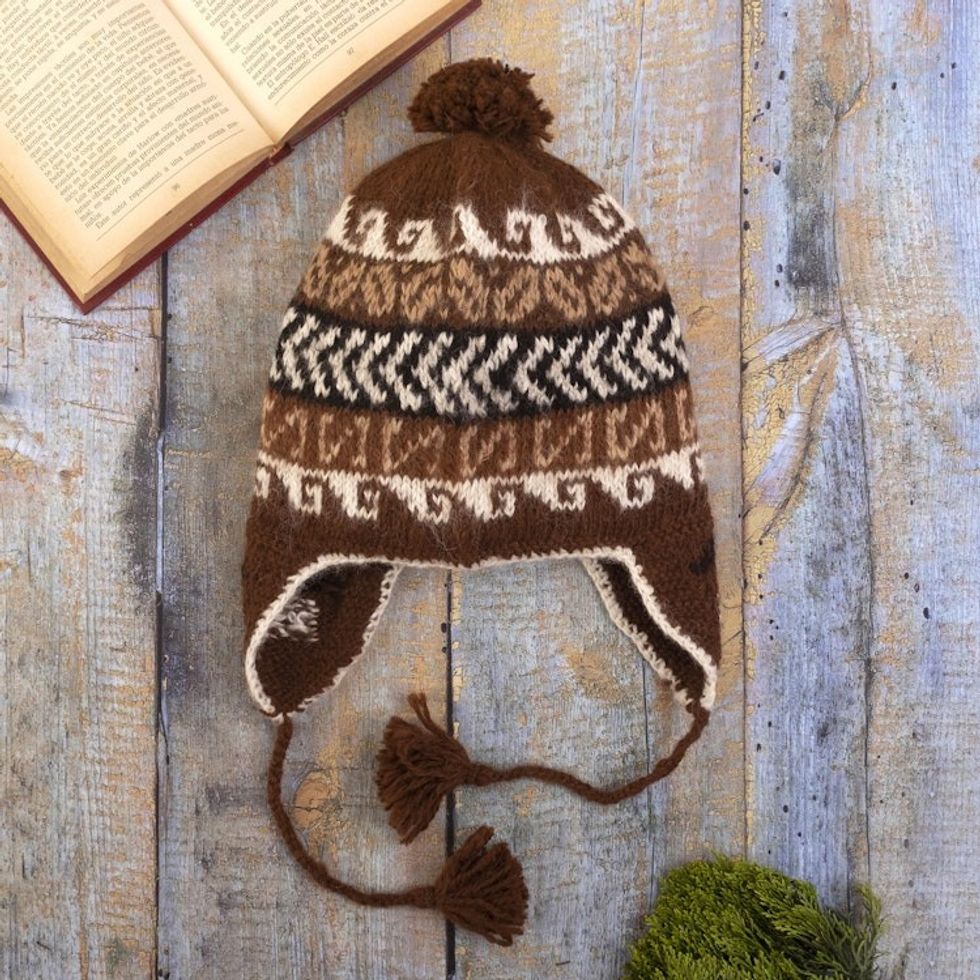 Knit Chullo Hat of 100 Alpaca in Natural Wool Colors Peru 'Andean Heritage in Brown'