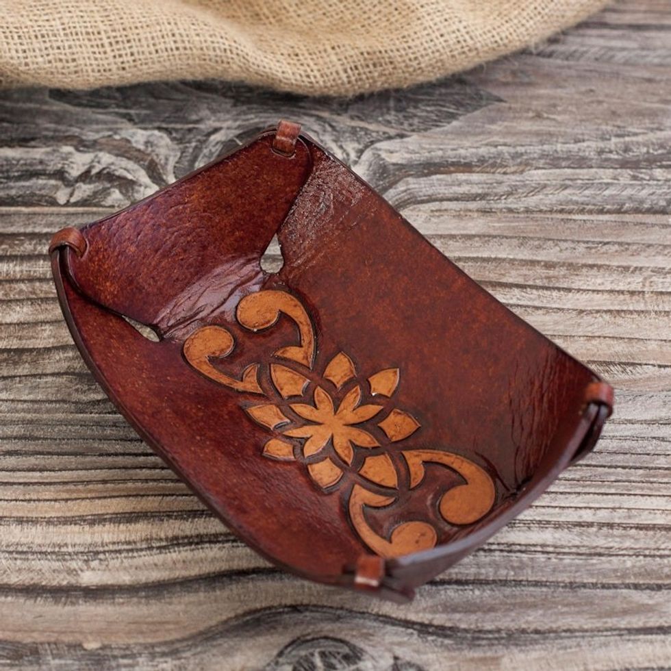 Leather Catchall in Honey Brown Artisan Crafted in Peru 'Floral Star'