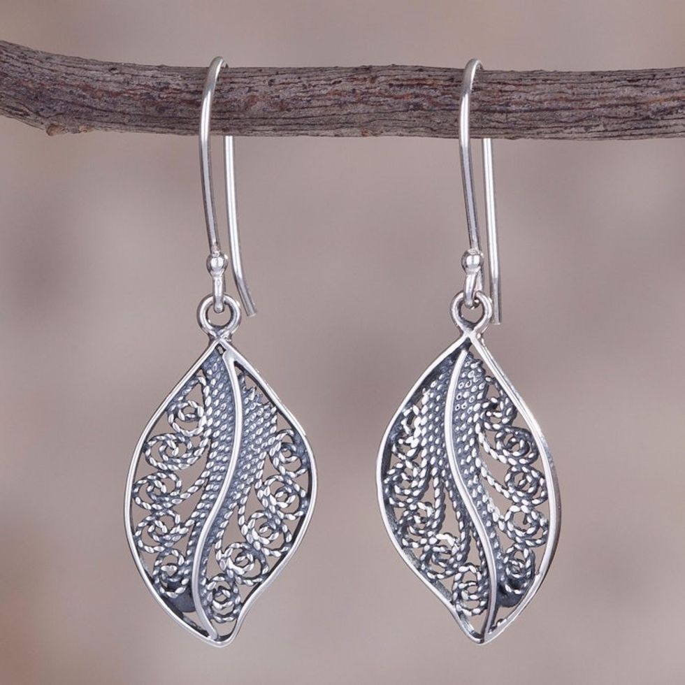 Sterling Silver Filigree Leaf Dangle Earrings from Peru 'Spiraling Veins'