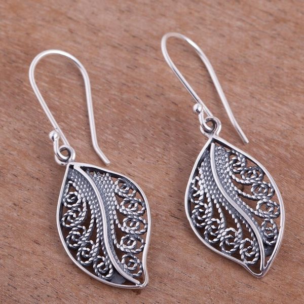 Alternate image for Sterling Silver Filigree Leaf Dangle Earrings from Peru Spiraling Veins