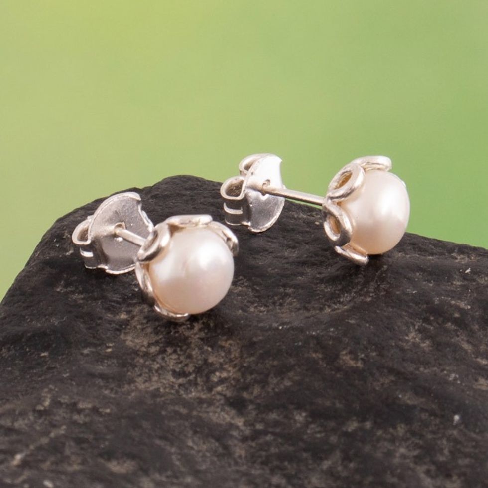Sterling Silver Stud Earrings with White Cultured Pearls 'Moonshine Charm'