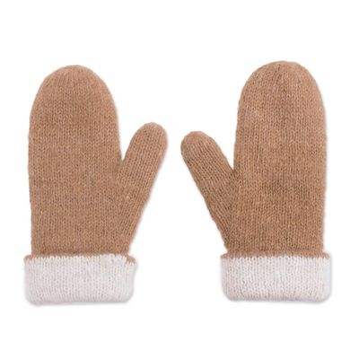 Alternate image for Knit 100 Alpaca Mittens in Tan and White from Peru Striking Contrast in Tan