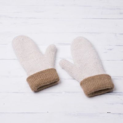 Alternate image for Knit 100 Alpaca Mittens in Tan and White from Peru Striking Contrast in Tan