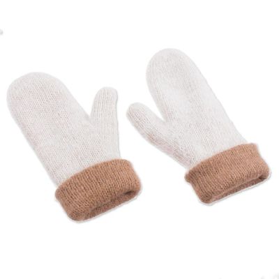 Alternate image for Knit 100 Alpaca Mittens in Tan and White from Peru Striking Contrast in Tan