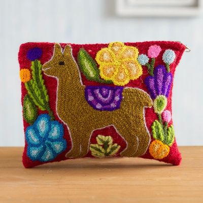 Alternate image for Llama-Themed Embroidered Wool Clutch Bag in Honey Llama Glam in Honey