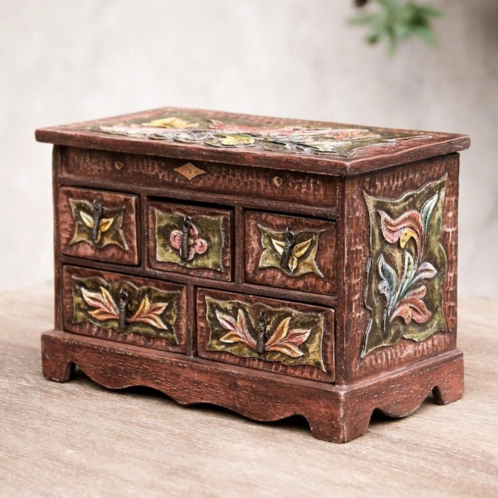 Hand Crafted Leather and Wood Bird Jewelry Box 'Taking Flight'
