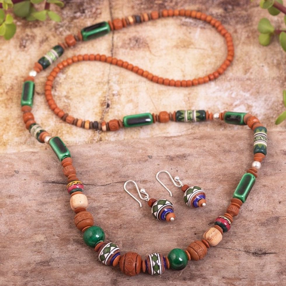 Ceramic Beaded Necklace and Earring Set in Earth Colors 'Green Mountains'