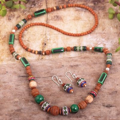 Alternate image for Ceramic Beaded Necklace and Earring Set in Earth Colors Green Mountains