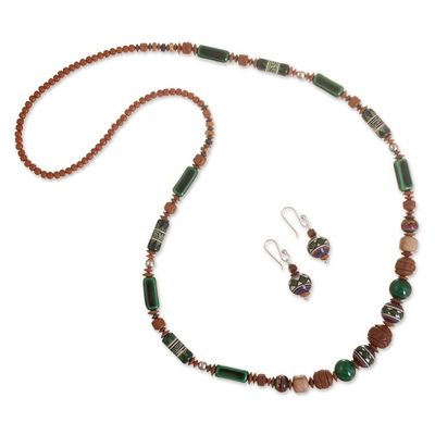 Alternate image for Ceramic Beaded Necklace and Earring Set in Earth Colors Green Mountains