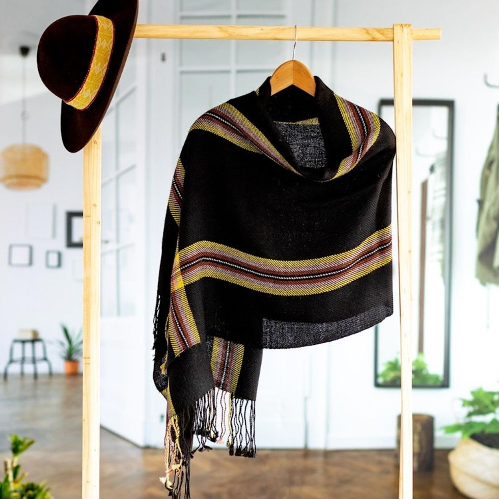 Woven 100 Alpaca Shawl in Black from Peru 'Elegant Midnight'