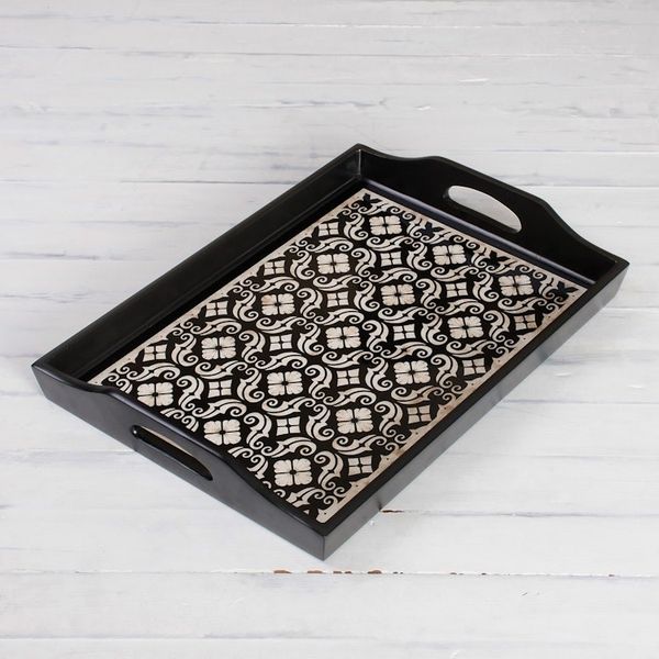Alternate image for Handmade Black Reverse Painted Glass Serving Tray Floral Muse