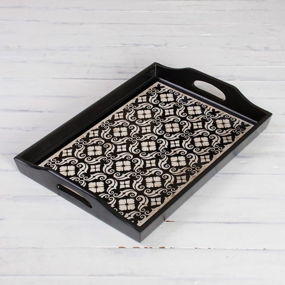 Handmade Black Reverse Painted Glass Serving Tray 'Floral Muse'