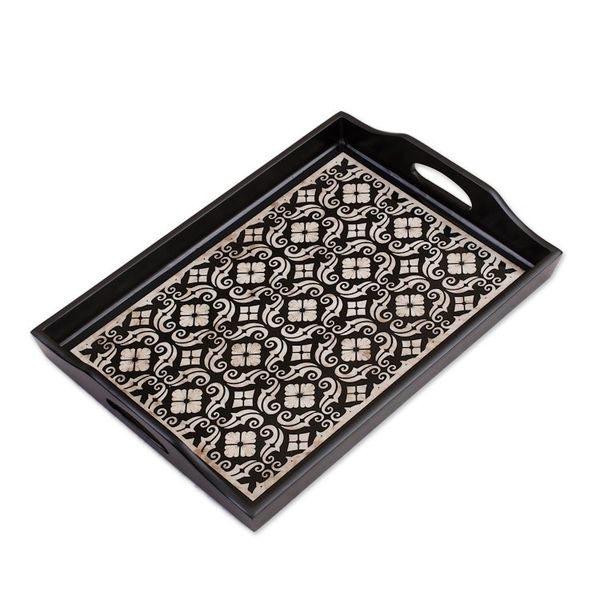 Alternate image for Handmade Black Reverse Painted Glass Serving Tray Floral Muse