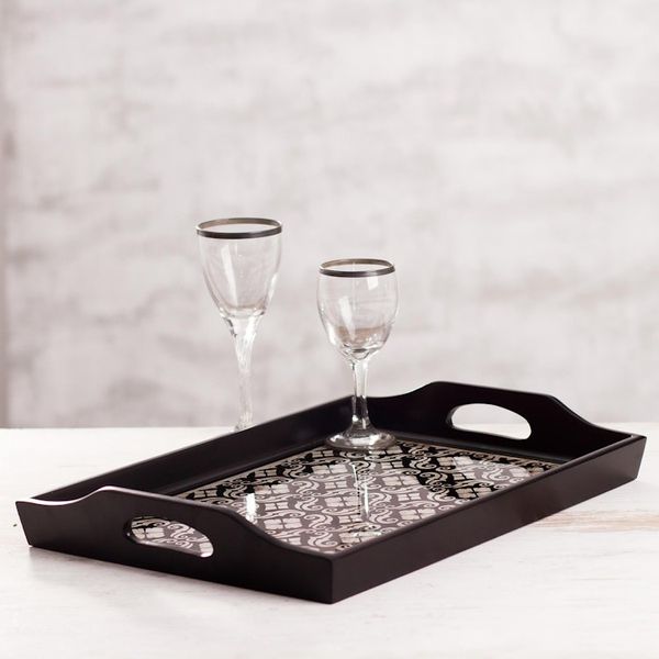 Alternate image for Handmade Black Reverse Painted Glass Serving Tray Floral Muse
