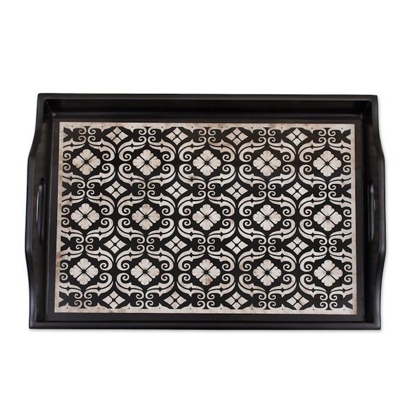 Alternate image for Handmade Black Reverse Painted Glass Serving Tray Floral Muse