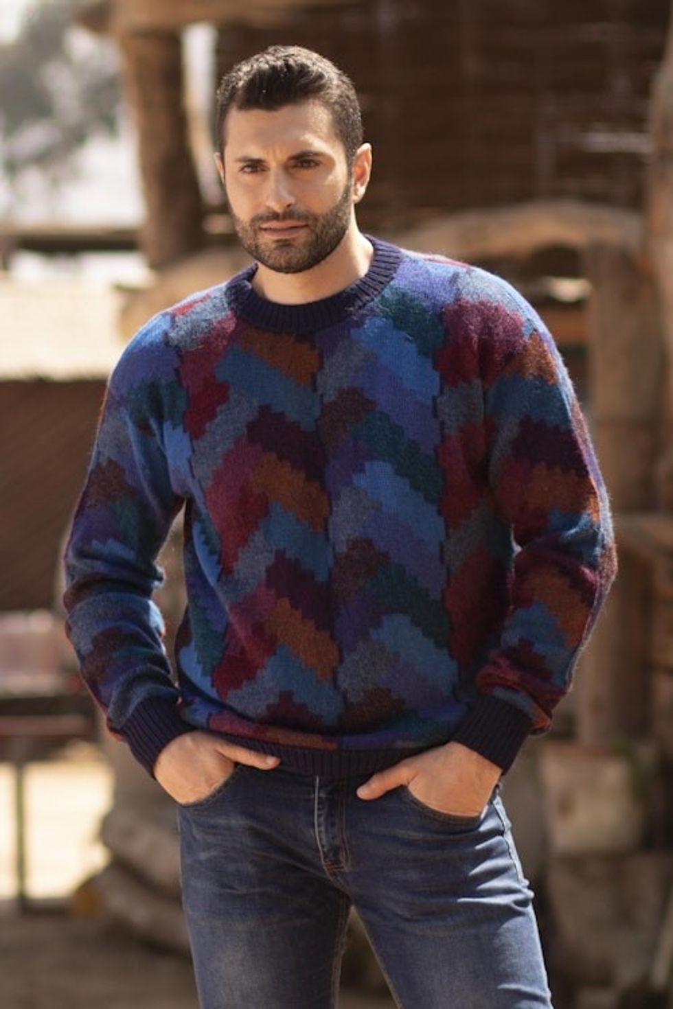 Multicolor Alpaca Men's Geometric Knit Pullover Sweater 'Stairway to the Heavens'