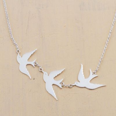 Alternate image for Sterling Silver Pendant Necklace with 3 Birds from Peru Three Doves