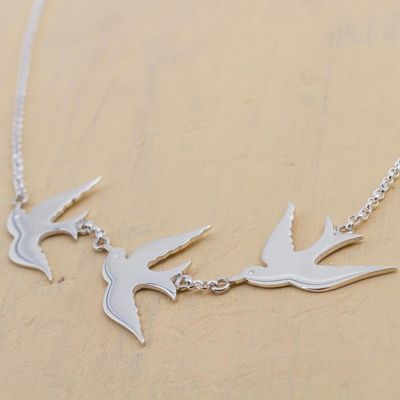Alternate image for Sterling Silver Pendant Necklace with 3 Birds from Peru Three Doves