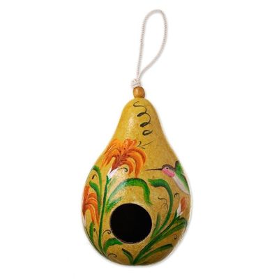 Alternate image for Peruvian Hand Painted Yellow Dried Mate Gourd Birdhouse Hummingbird Condo