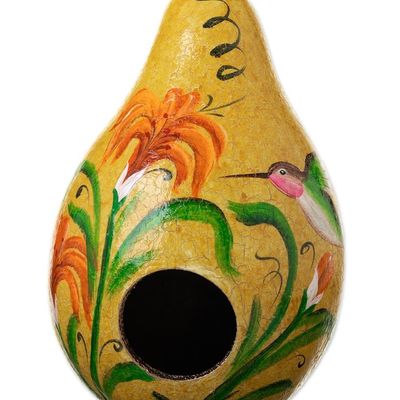 Alternate image for Peruvian Hand Painted Yellow Dried Mate Gourd Birdhouse Hummingbird Condo