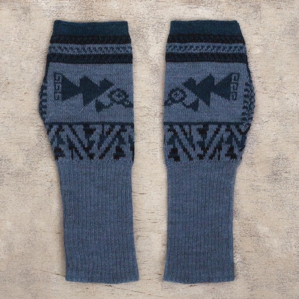 Heathered Blue Green Baby Alpaca Fingerless Mitts 'Chancay Bird'