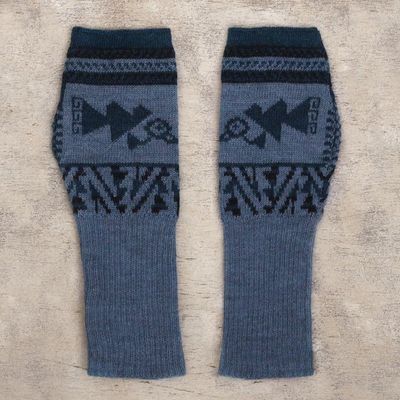 Alternate image for Heathered Blue Green Baby Alpaca Fingerless Mitts Chancay Bird