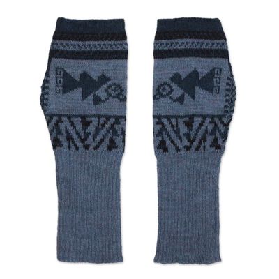 Alternate image for Heathered Blue Green Baby Alpaca Fingerless Mitts Chancay Bird