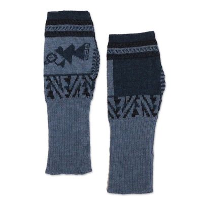 Alternate image for Heathered Blue Green Baby Alpaca Fingerless Mitts Chancay Bird