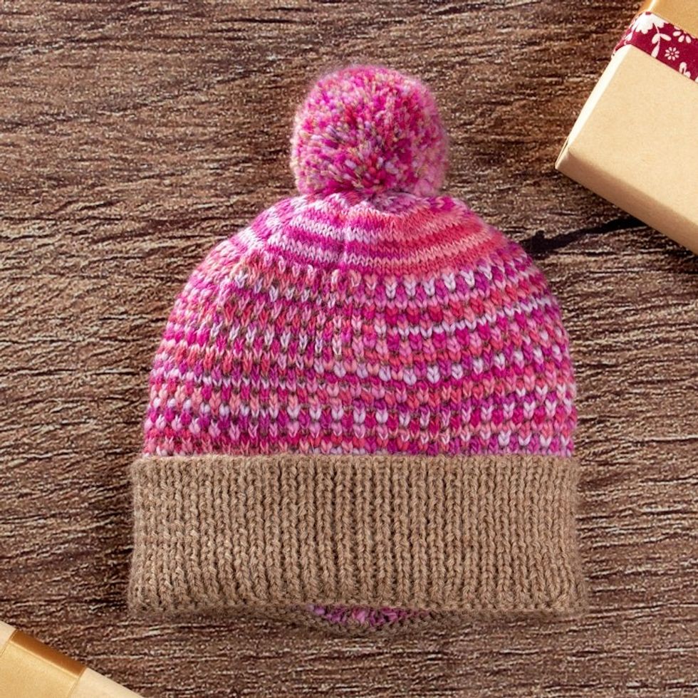 Patterned Knit Alpaca Blend Hat with Pompom in Pink Brown 'Pretty in Pink'