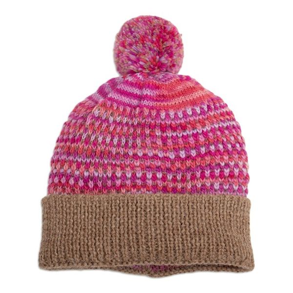 Alternate image for Patterned Knit Alpaca Blend Hat with Pompom in Pink  Brown Pretty in Pink
