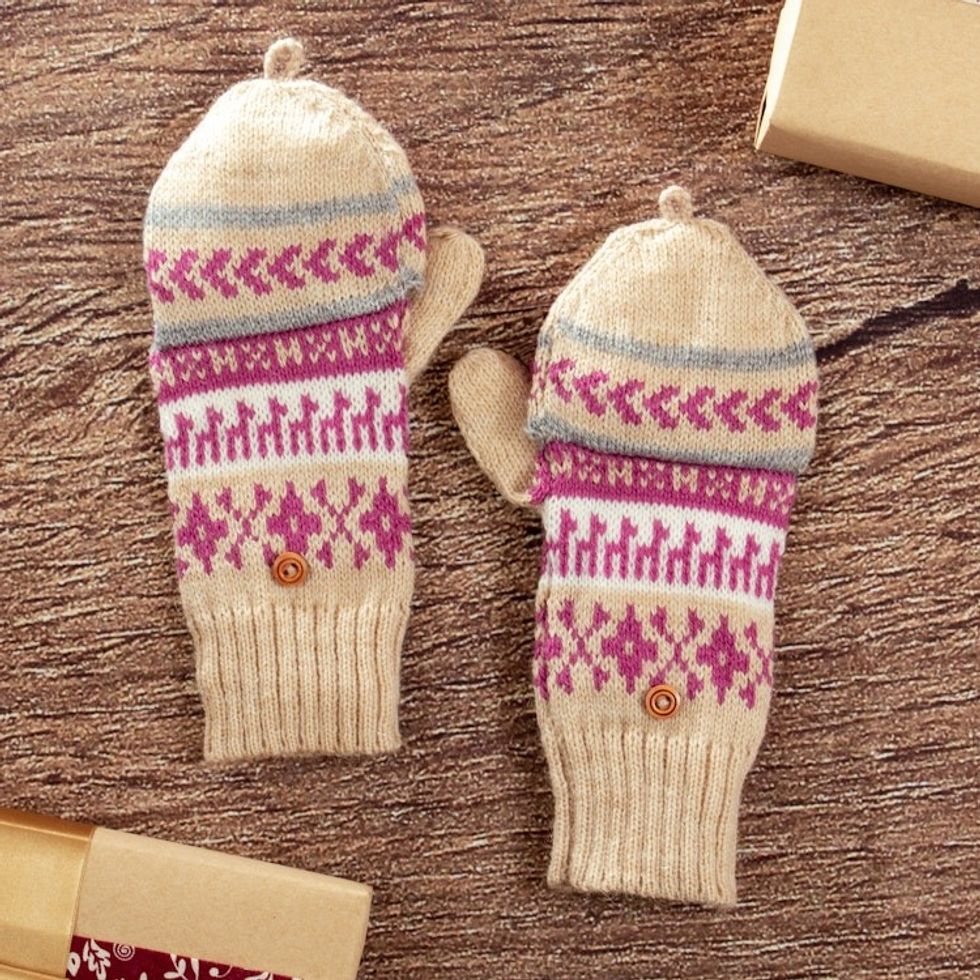 Knit Azalea and Beige Alpaca Blend Convertible Gloves 'Azalea Mountains'