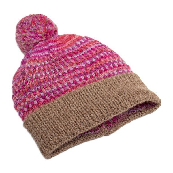 Alternate image for Patterned Knit Alpaca Blend Hat with Pompom in Pink  Brown Pretty in Pink