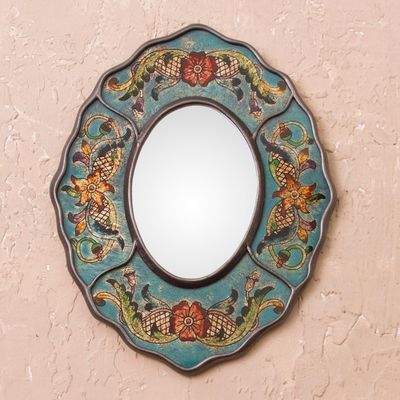 Alternate image for Turquoise Floral Reverse-Painted Glass Wall Mirror from Peru Turquoise Colonial Wreath