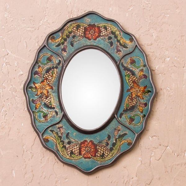 Alternate image for Turquoise Floral Reverse-Painted Glass Wall Mirror from Peru Turquoise Colonial Wreath