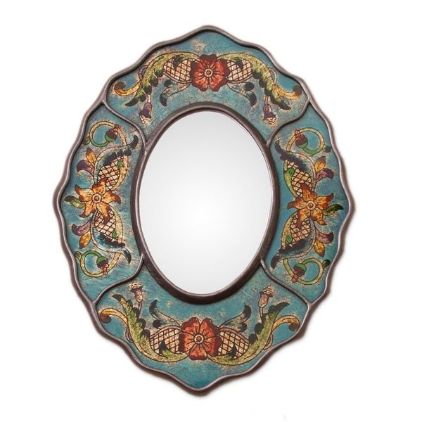Alternate image for Turquoise Floral Reverse-Painted Glass Wall Mirror from Peru Turquoise Colonial Wreath