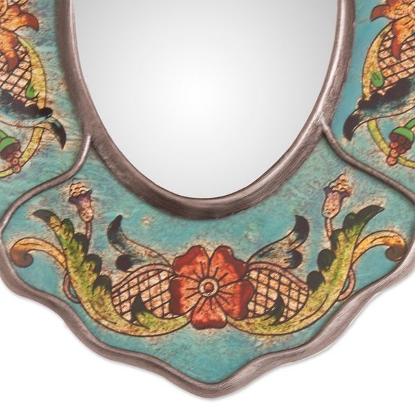 Alternate image for Turquoise Floral Reverse-Painted Glass Wall Mirror from Peru Turquoise Colonial Wreath