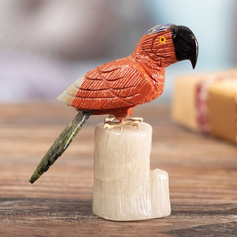 Handcrafted Multi-Gemstone Parrot Sculpture with Onyx Base 'Free Flight'