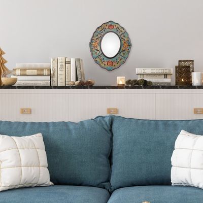 Alternate image for Turquoise Floral Reverse-Painted Glass Wall Mirror from Peru Turquoise Colonial Wreath