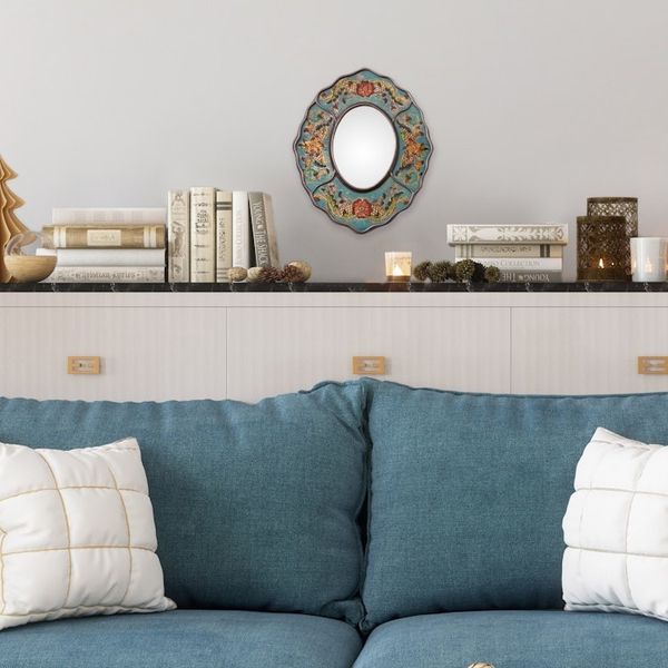 Alternate image for Turquoise Floral Reverse-Painted Glass Wall Mirror from Peru Turquoise Colonial Wreath