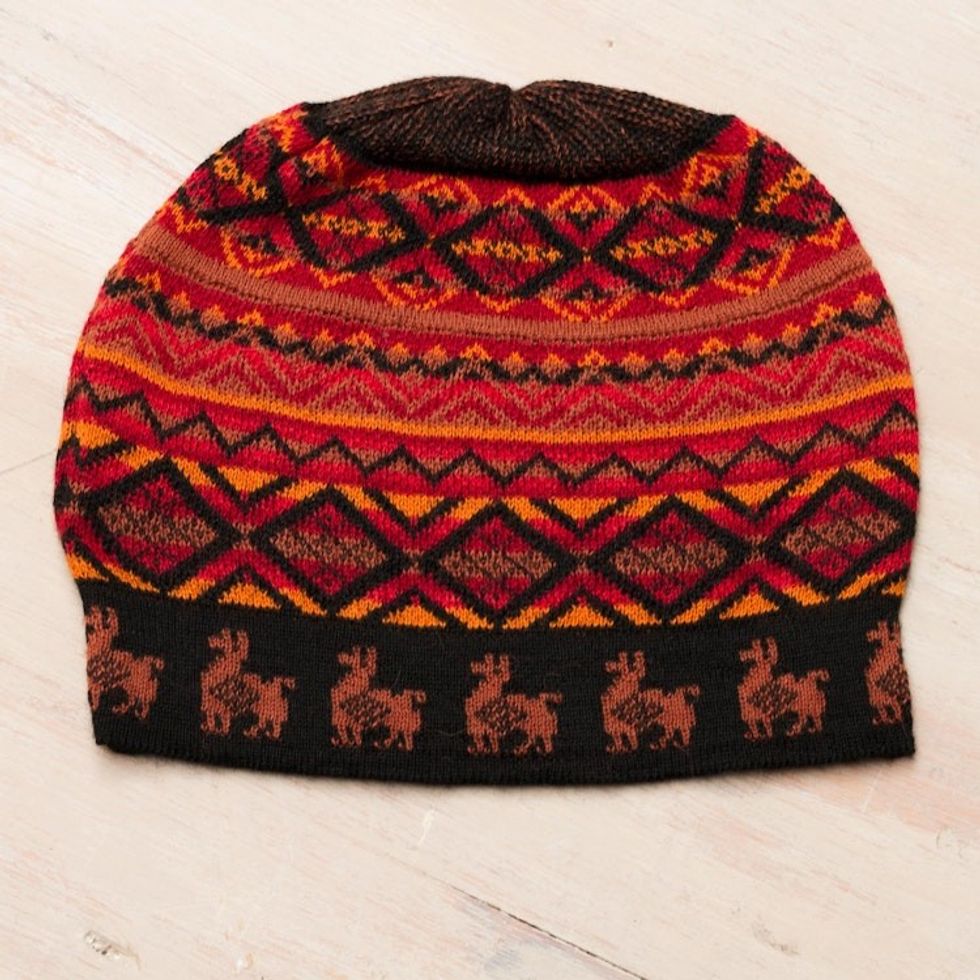 Black Red and Orange Diamond Motif Alpaca Blend Knit Hat 'Alpaca Sunset'