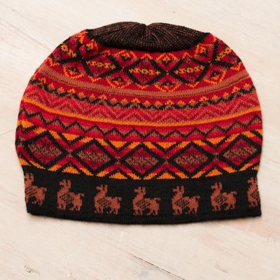 Alternate image for Black Red and Orange Diamond Motif Alpaca Blend Knit Hat Alpaca Sunset