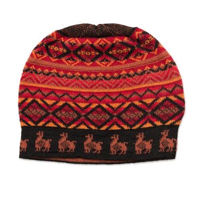 Alternate image for Black Red and Orange Diamond Motif Alpaca Blend Knit Hat Alpaca Sunset