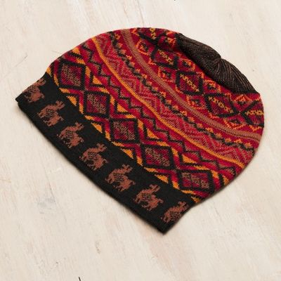 Alternate image for Black Red and Orange Diamond Motif Alpaca Blend Knit Hat Alpaca Sunset