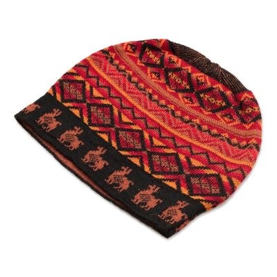 Alternate image for Black Red and Orange Diamond Motif Alpaca Blend Knit Hat Alpaca Sunset