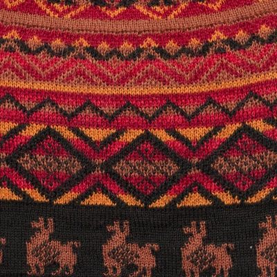 Alternate image for Black Red and Orange Diamond Motif Alpaca Blend Knit Hat Alpaca Sunset
