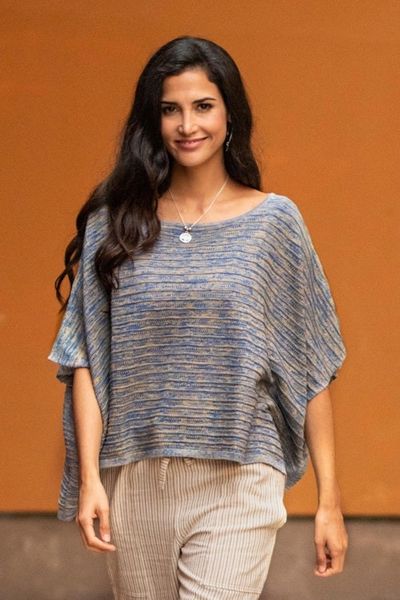 Alternate image for Organic Pima Cotton Textured Heathered Blue Poncho from Peru Warmi Melange