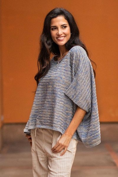 Alternate image for Organic Pima Cotton Textured Heathered Blue Poncho from Peru Warmi Melange