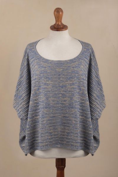 Alternate image for Organic Pima Cotton Textured Heathered Blue Poncho from Peru Warmi Melange