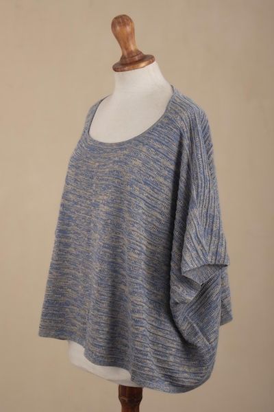 Alternate image for Organic Pima Cotton Textured Heathered Blue Poncho from Peru Warmi Melange